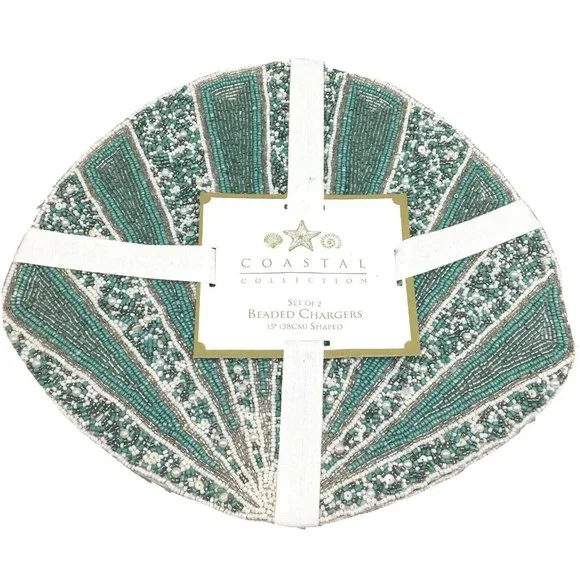 x4 Coastal Collection Beaded Seashell Placemat Set Ocean Beach Turquoise Silver